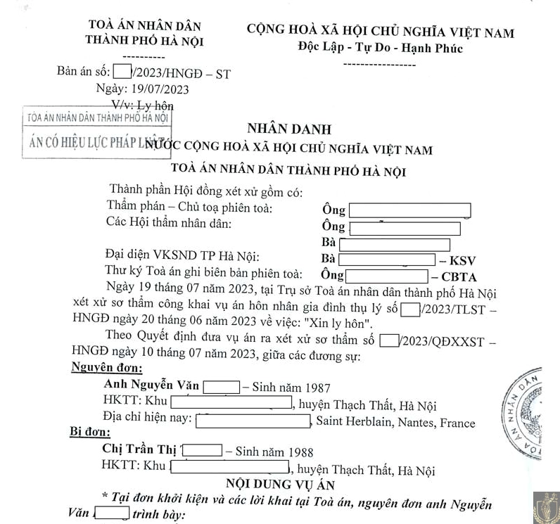 Bản án ly hôn đơn phương