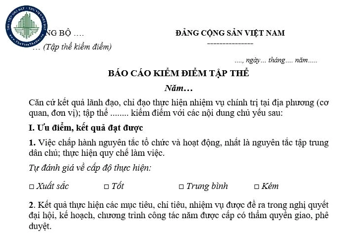Báo cáo kiểm điểm tập thể Chi ủy Chi bộ