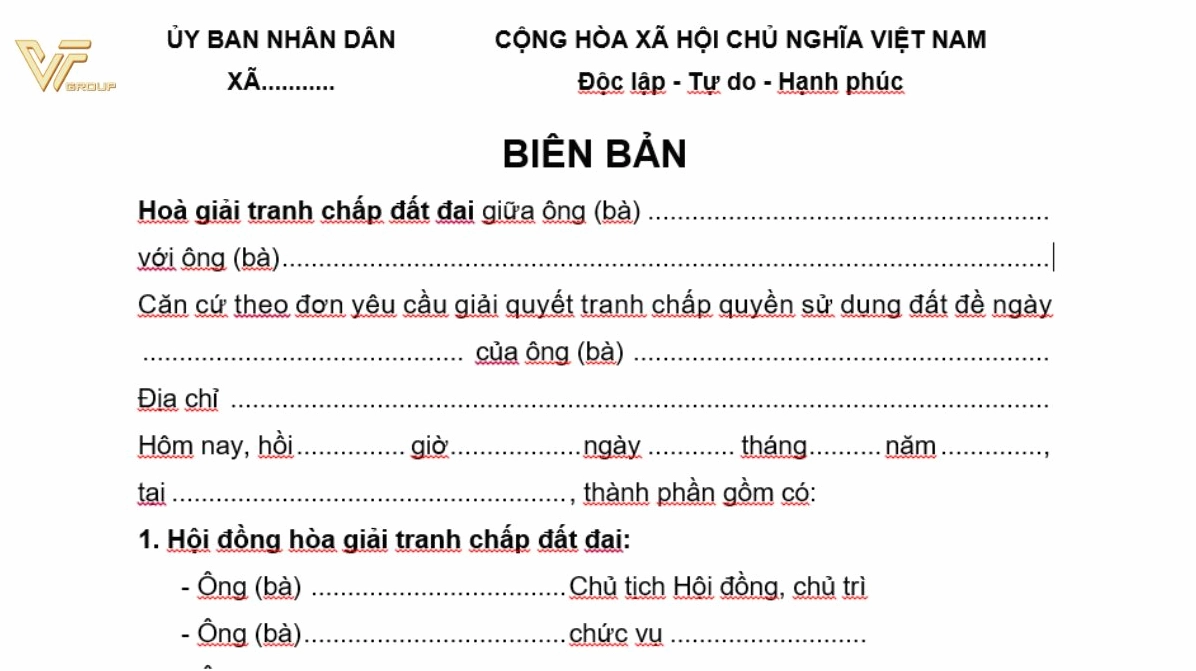 Biên bản hòa giải tranh chấp đất đai ghi nhận kết quả thương lượng