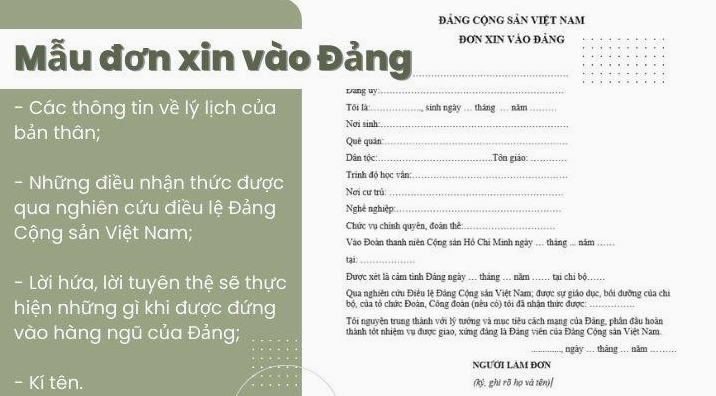 Các nội dung của đơn xin vào Đảng