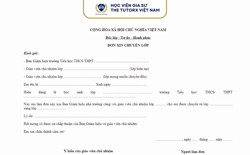 Cách viết đơn xin chuyển lớp cấp 2 đúng chuẩn