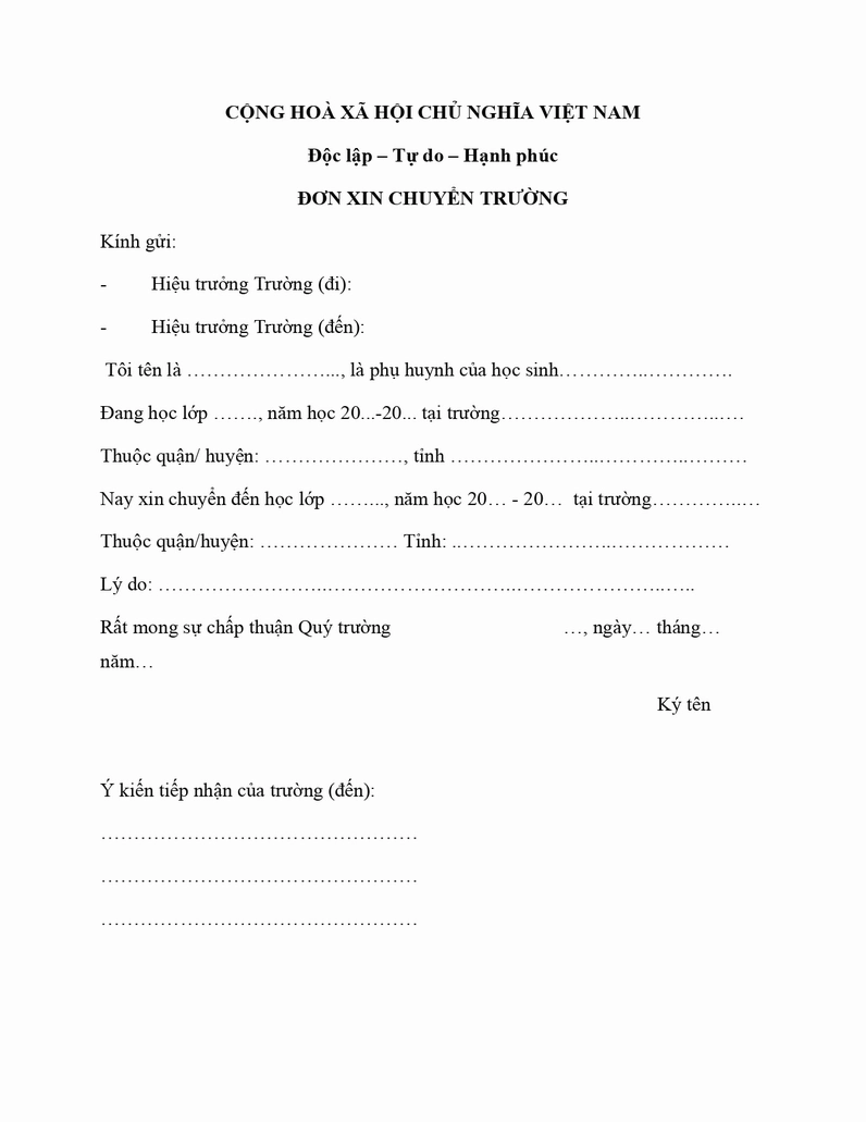 Chi tiết các mục trong đơn xin chuyển trường
