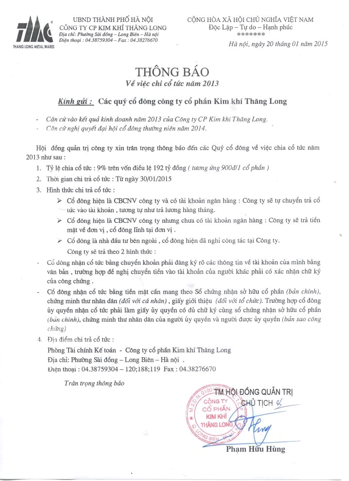 Chi trả cổ tức 2013