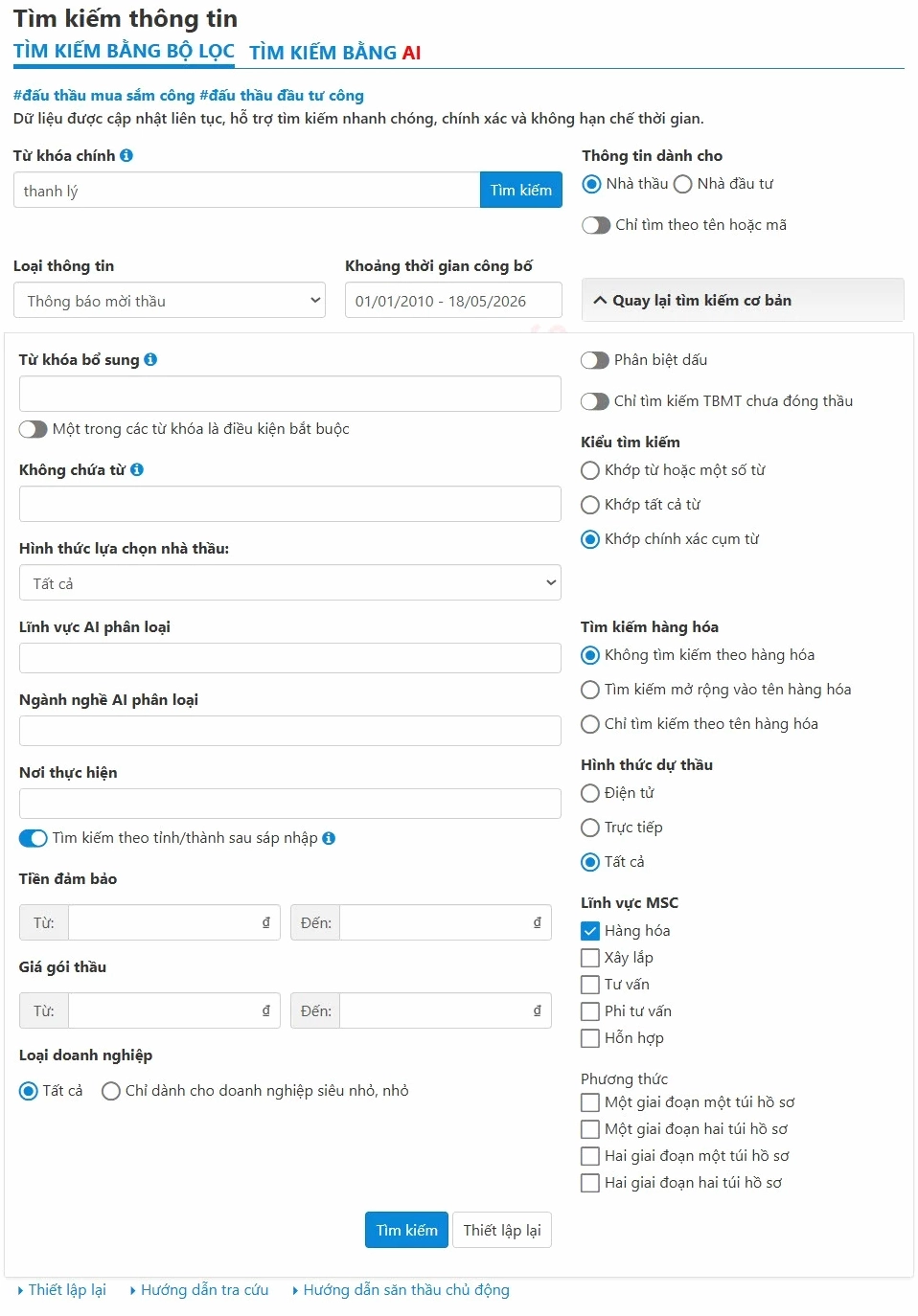 Chọn Click để tìm kiếm nâng cao