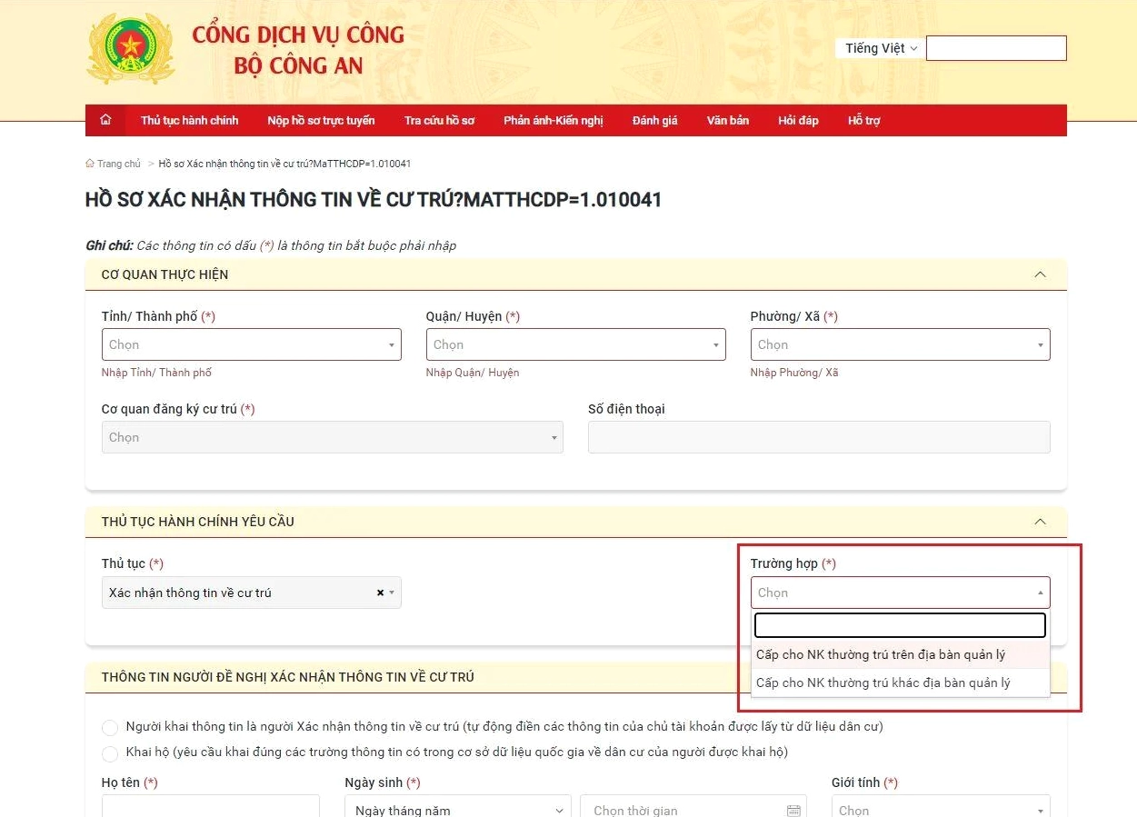Điền thông tin kê khai trực tuyến để xác nhận cư trú