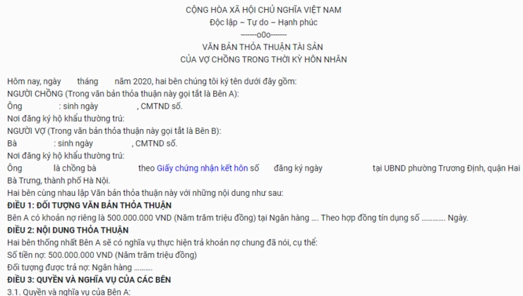 Giấy thỏa thuận giữa vợ chồng
