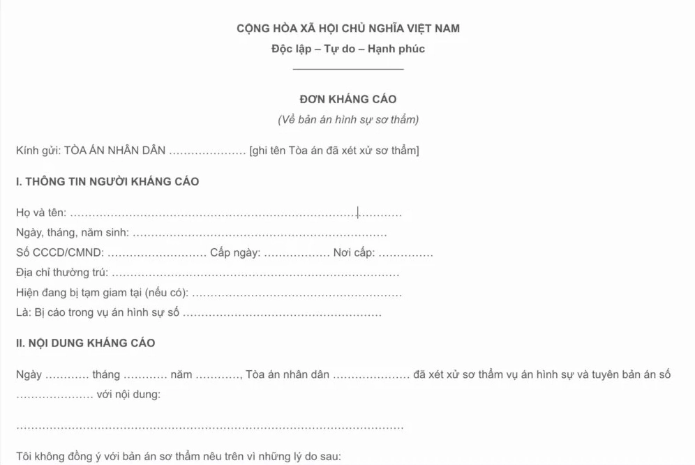 Kháng cáo bản án hình sự sơ thẩm