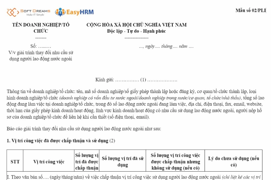 Mẫu 02/PLI báo cáo lao động nước ngoài
