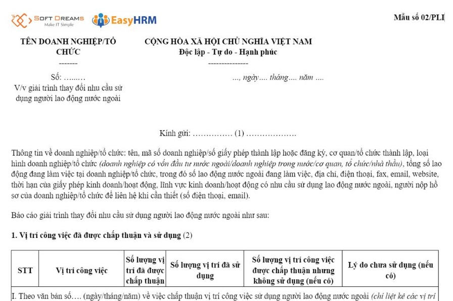 Mẫu 02/PLI báo cáo tình hình sử dụng lao động nước ngoài