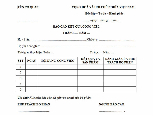 Mẫu báo cáo công việc hàng tháng