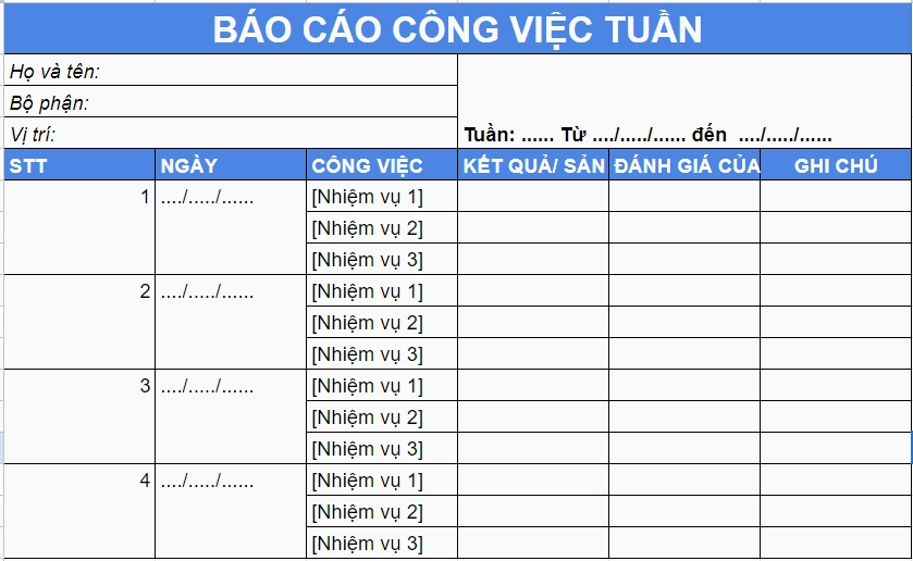 Mẫu báo cáo công việc hàng tuần chi tiết