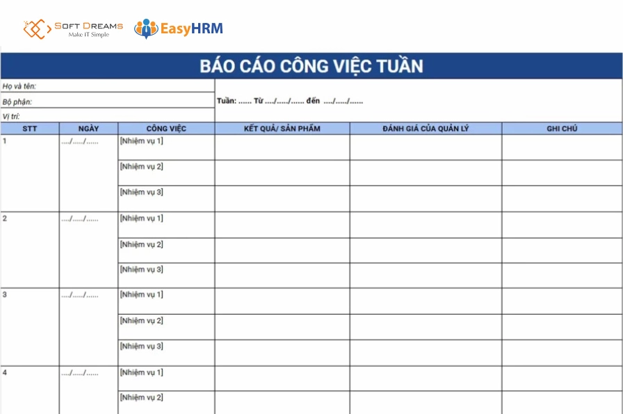Mẫu báo cáo công việc hàng tuần dạng bảng theo dõi