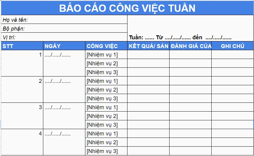 Mẫu báo cáo công việc hàng tuần