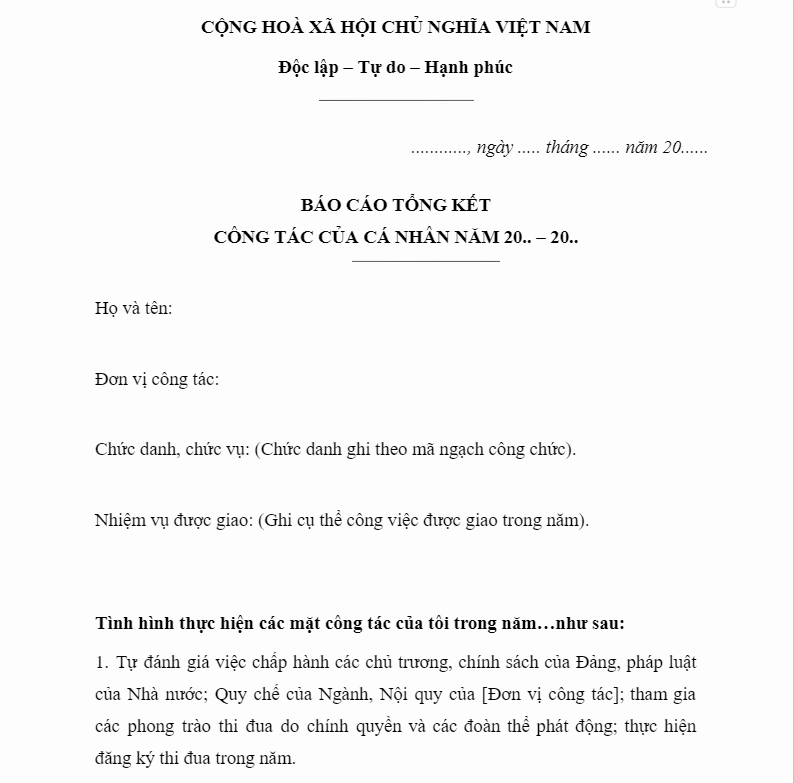 Mẫu báo cáo công việc theo năm
