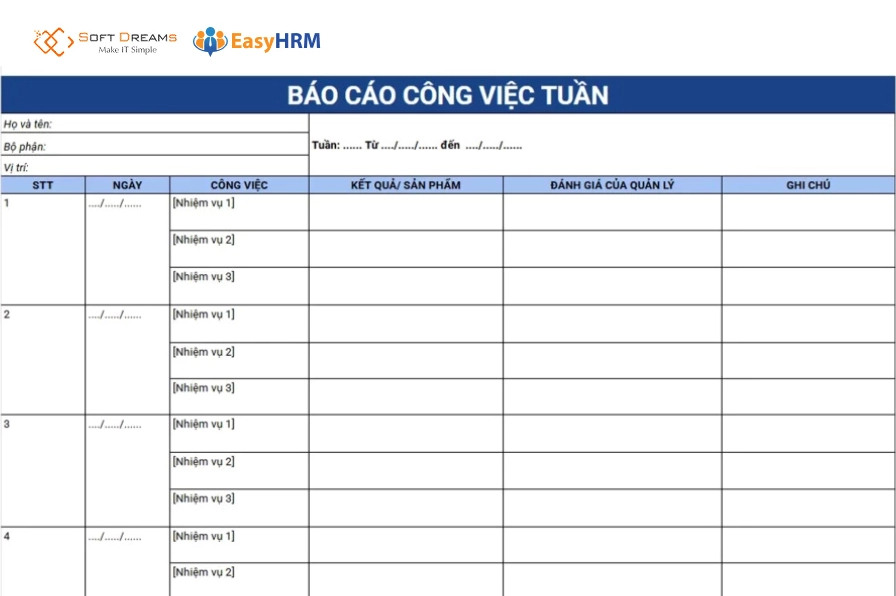Mẫu báo cáo công việc theo tuần (dạng bảng theo dõi)