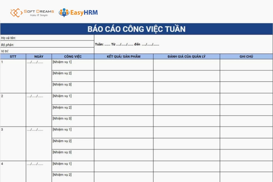 Mẫu báo cáo công việc theo tuần dạng bảng theo dõi