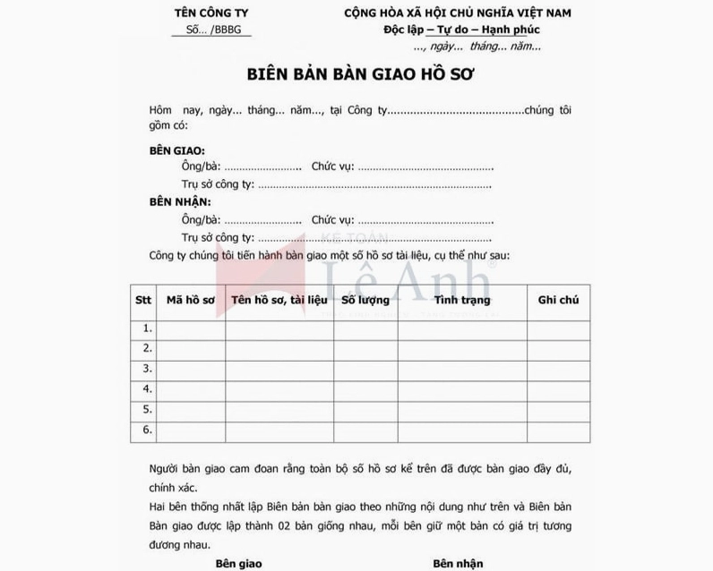 Mẫu biên bản bàn giao hồ sơ