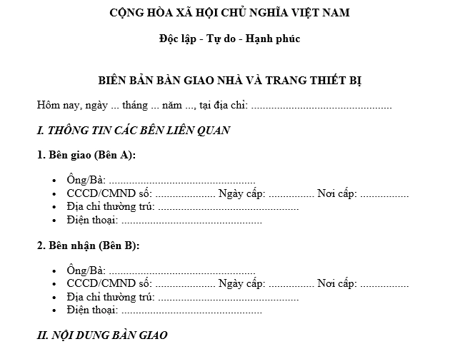 Mẫu biên bản bàn giao nhà và trang thiết bị đi kèm sau khi mua bán, cho thuê nhà ở