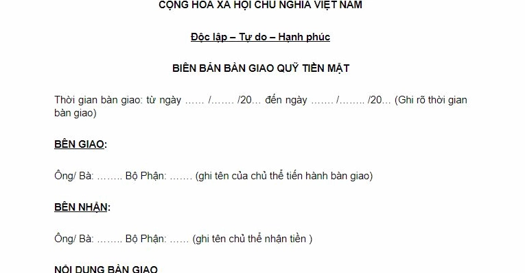 Mẫu biên bản bàn giao quỹ tiền mặt chi tiết