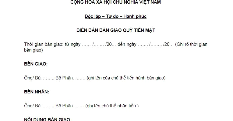 Mẫu biên bản bàn giao quỹ tiền mặt