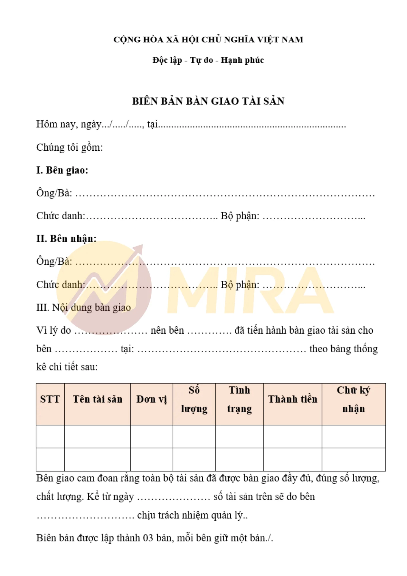 Mẫu biên bản bàn giao tài sản chi tiết