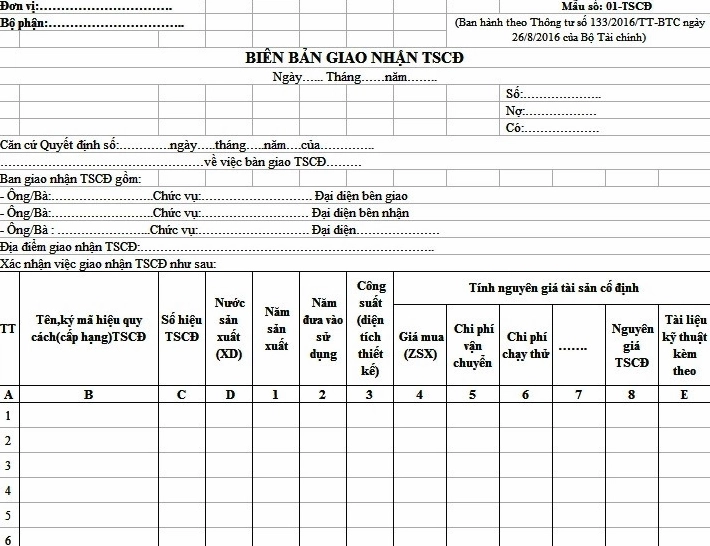 Mẫu biên bản bàn giao TSCĐ theo Thông tư 133