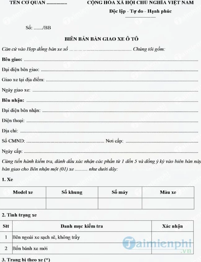 Mẫu biên bản bàn giao xe ô tô mới nhất