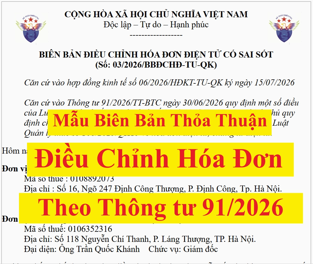 Mẫu biên bản điều chỉnh hóa đơn theo Thông tư 91/2026