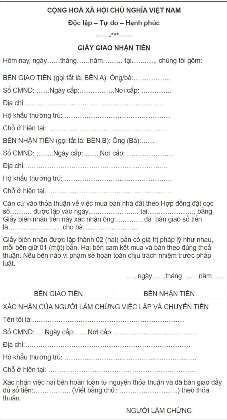 Mẫu biên bản giao nhận tiền đơn giản