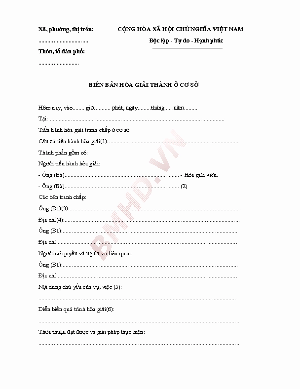 Mẫu biên bản hòa giải ở cơ sở