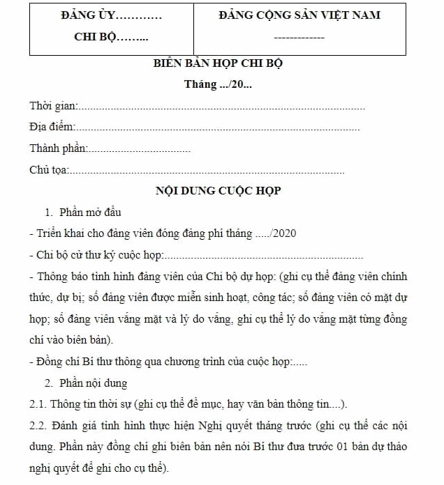 Mẫu biên bản họp chi bộ, ghi chép nội dung cuộc họp