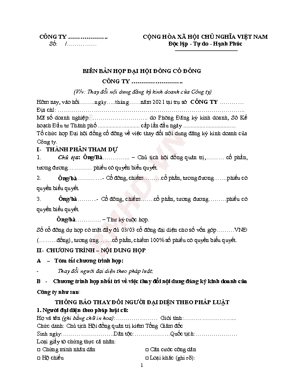 Mẫu biên bản họp Đại hội đồng cổ đông