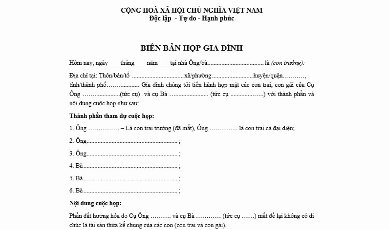 Mẫu biên bản họp gia đình là công cụ quan trọng trong việc quản lý tài sản và giải quyết vấn đề.