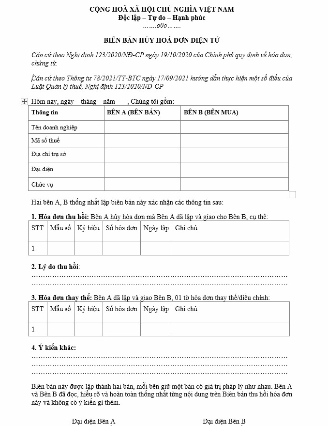 Mẫu biên bản hủy hóa đơn điện tử phổ biến