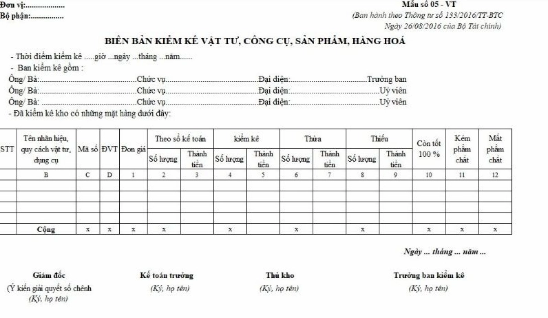Mẫu biên bản kiểm kê hàng tồn kho Excel Thông tư 133