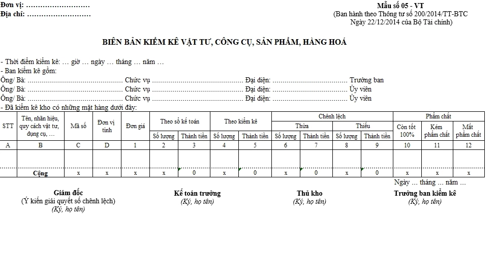 Mẫu biên bản kiểm kê hàng tồn kho Excel Thông tư 200