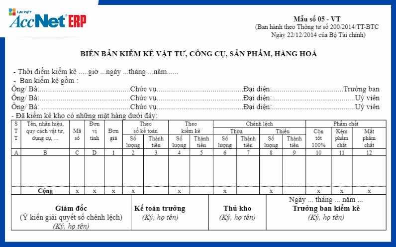 mẫu biên bản kiểm kê hàng tồn kho excel