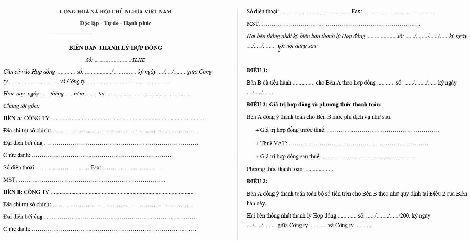 Mẫu biên bản thanh lý hợp đồng dịch vụ