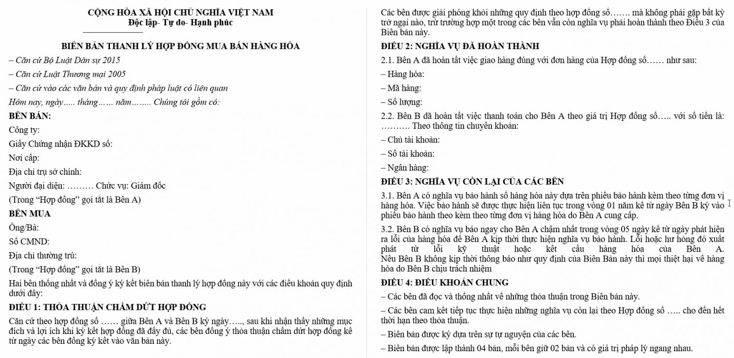 Mẫu biên bản thanh lý hợp đồng mua bán hàng hóa