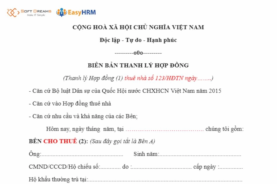 Mẫu biên bản thanh lý hợp đồng thuê nhà