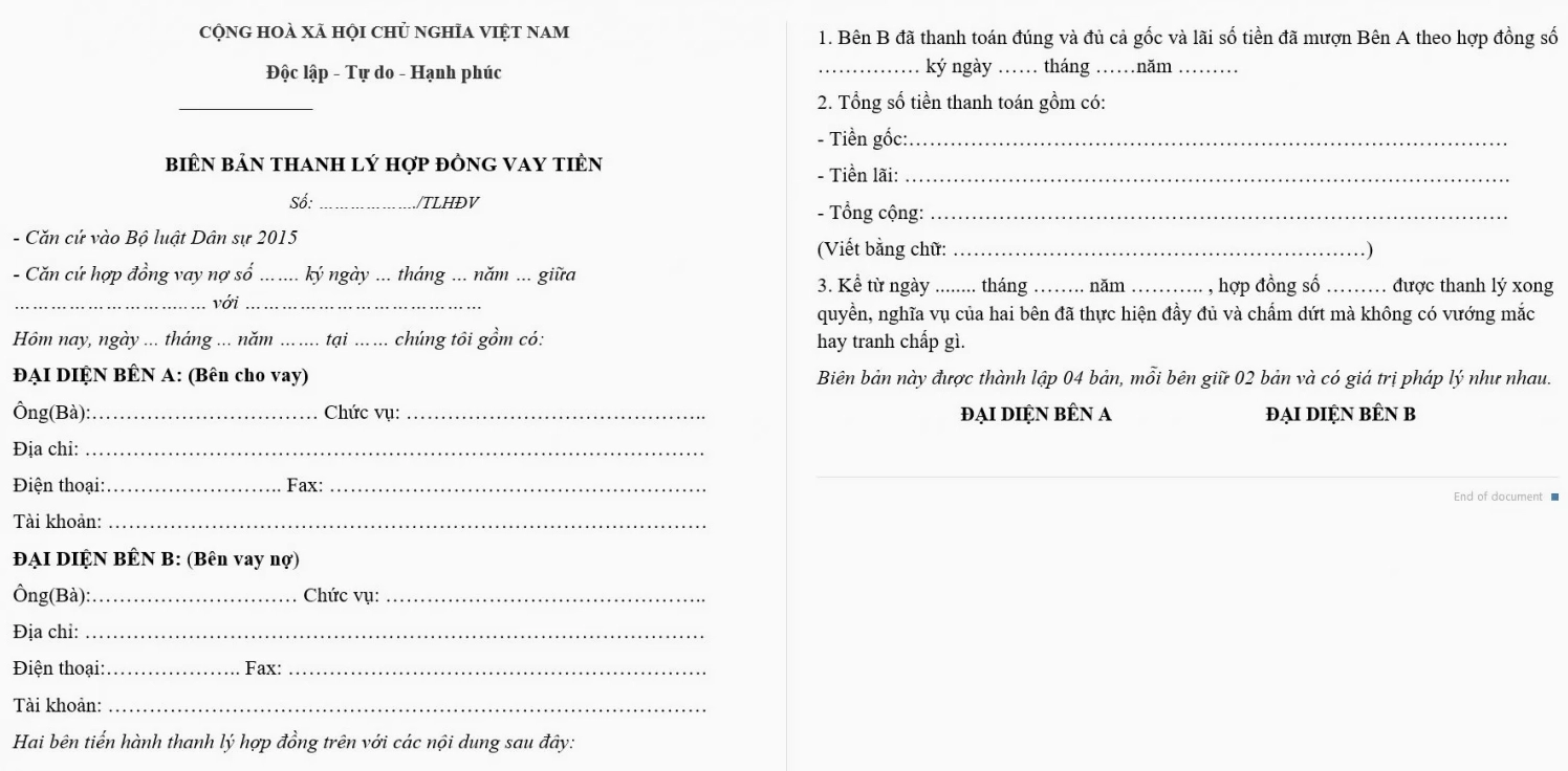Mẫu biên bản thanh lý hợp đồng vay tiền