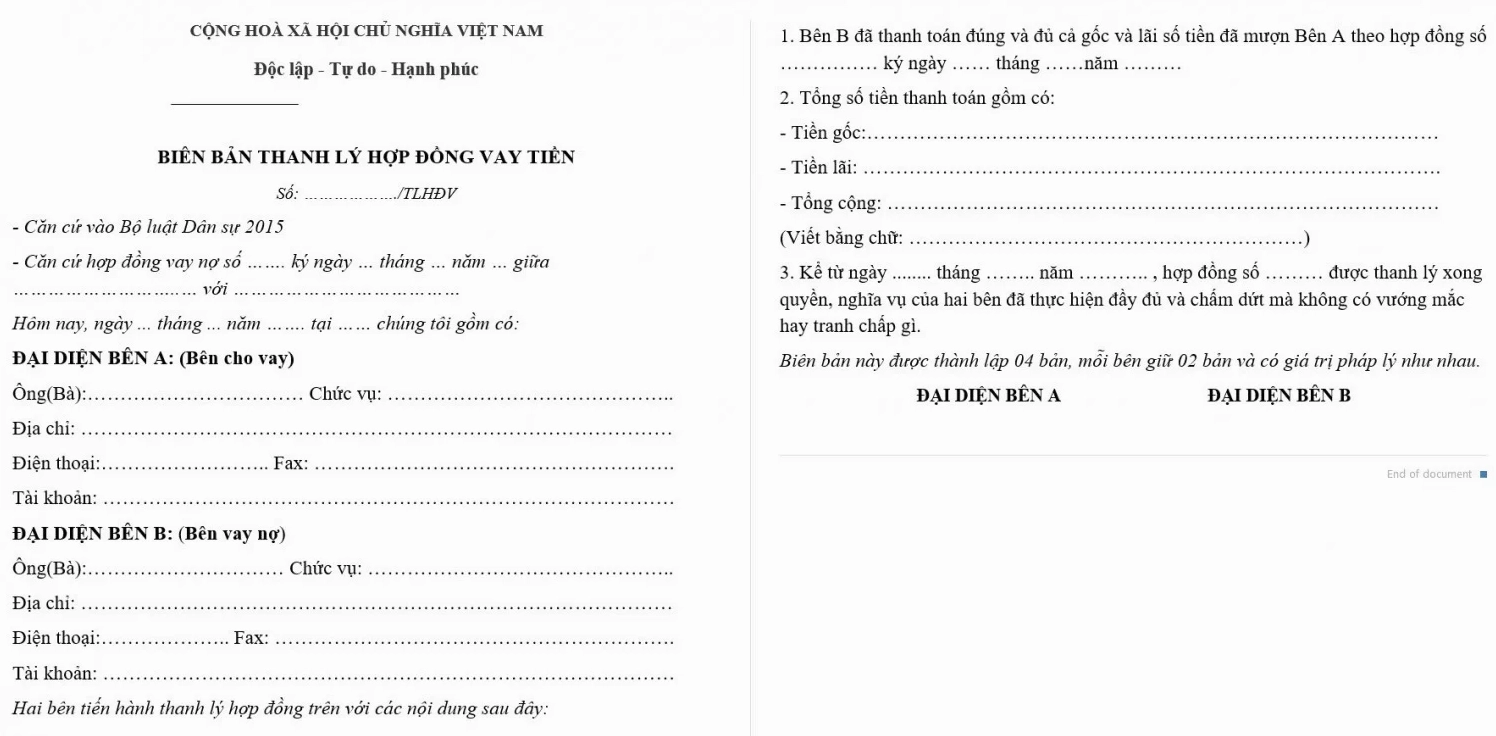 Mẫu biên bản thanh lý hợp đồng vay tiền