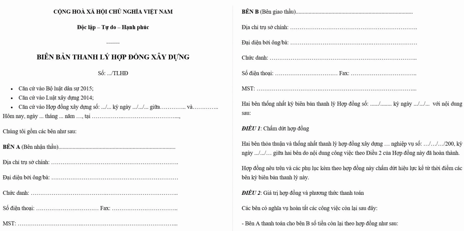 Mẫu biên bản thanh lý hợp đồng xây dựng