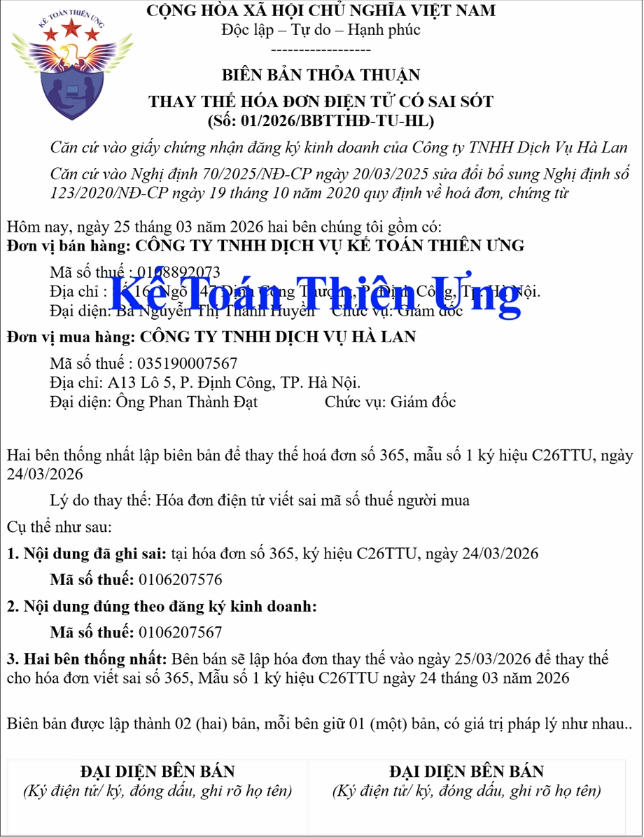 Mẫu biên bản thay thế hóa đơn điện tử 2026