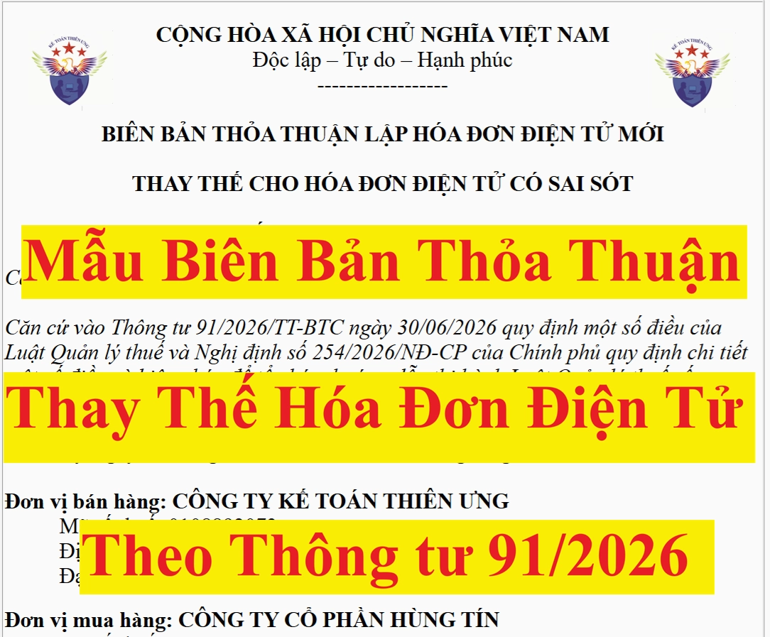 Mẫu biên bản thay thế hoá đơn theo Thông tư 91/2026