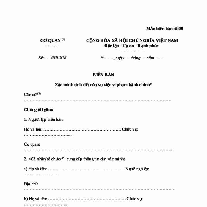 Mẫu biên bản xác minh tình tiết vụ việc vi phạm hành chính