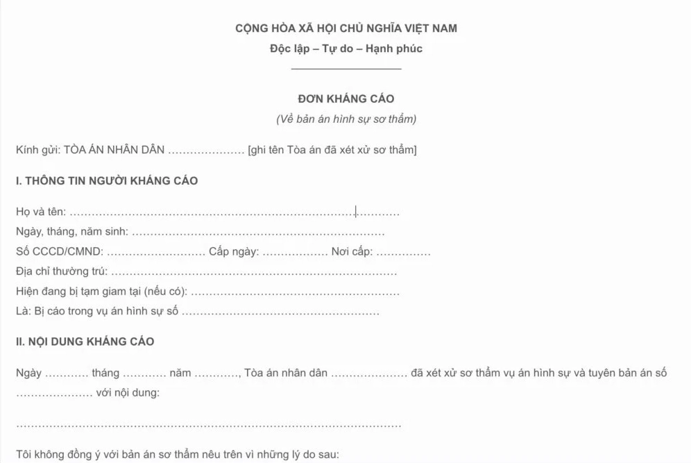 Mẫu đơn kháng cáo bản án hình sự sơ thẩm