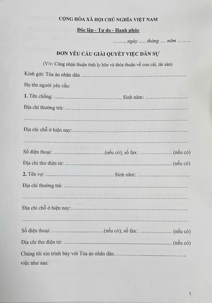 Mẫu đơn ly hôn thuận tình