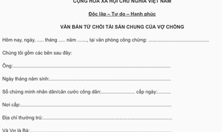 Mẫu đơn từ chối thừa nhận tài sản chung của vợ chồng