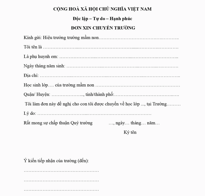 Mẫu đơn xin chuyển trường cho học sinh tiểu học